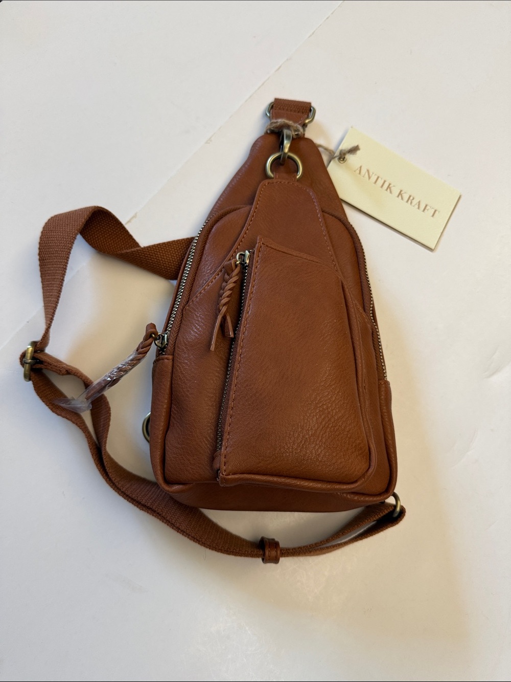NWT ANTIK KRAFT TAN VEGAN LEATHER SLING BAG/5 POCKETS